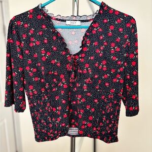 Suzy Shier Black and Pink Floral Blouse